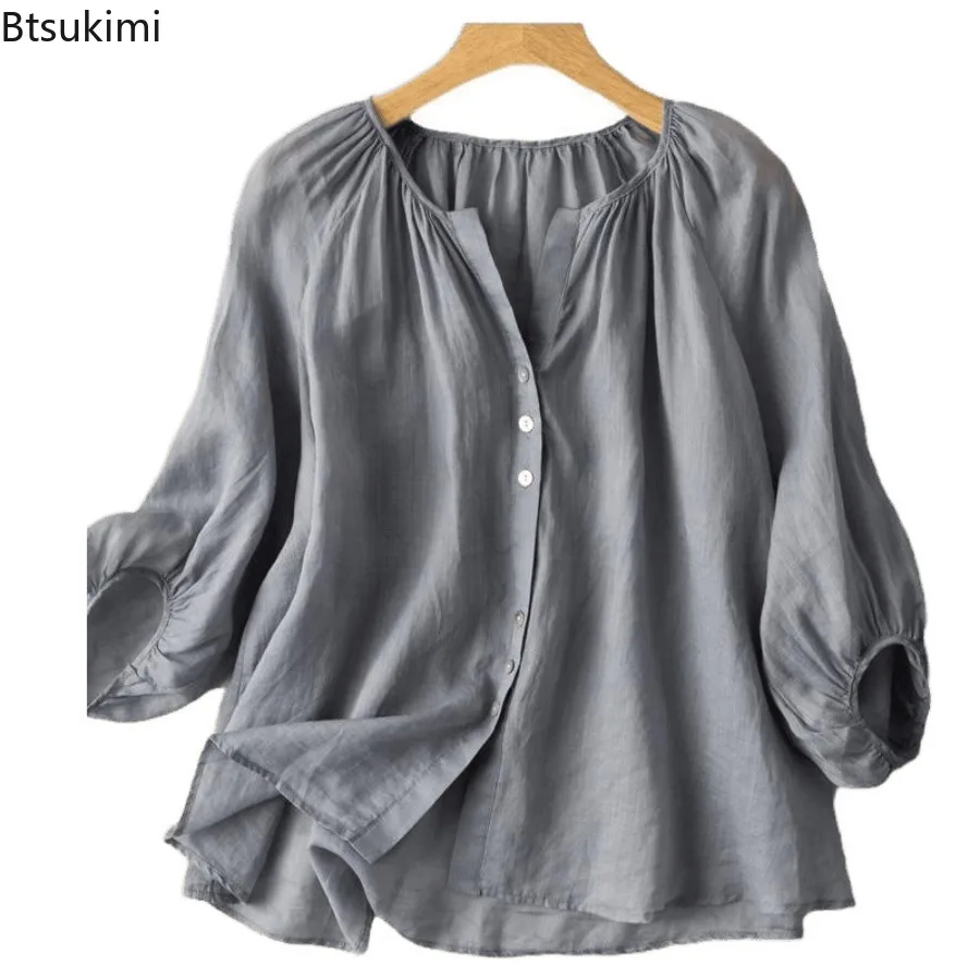 Women's Lantern Sleeve Cotton and Linen Shirt Tops Spring and Summer Fashion Large Size Literary Retro V-neck Casual Top Blouses
