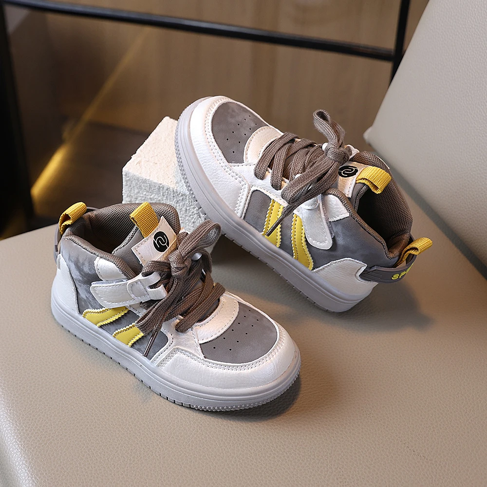 `COMFY KIDS Kids High Top Casual Sneakers, Color Block PU Upper Sport Shoes, Lace‑Up with Hook‑and‑Loop Closure, Pull‑Tab Design