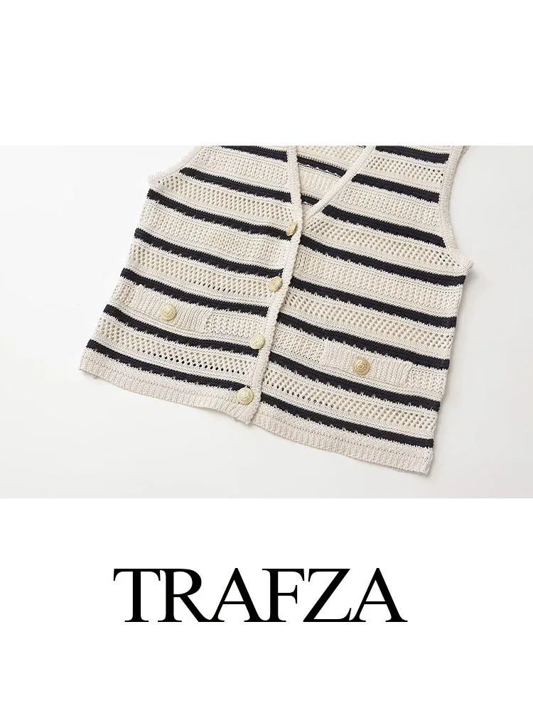 TRAFZA Summer Vest Woman 2024 Trendy Stripe V-Neck Sleeveless Buttons Single Breasted Sweater Tops Female Casual Knitted Tops