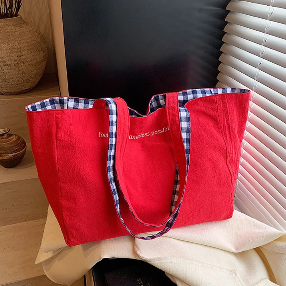

Double-Sided Plaid Tote Bag Casual Literary Style Large Capacity Handbag Lightweight Student Use Canvas Shoulder Bag