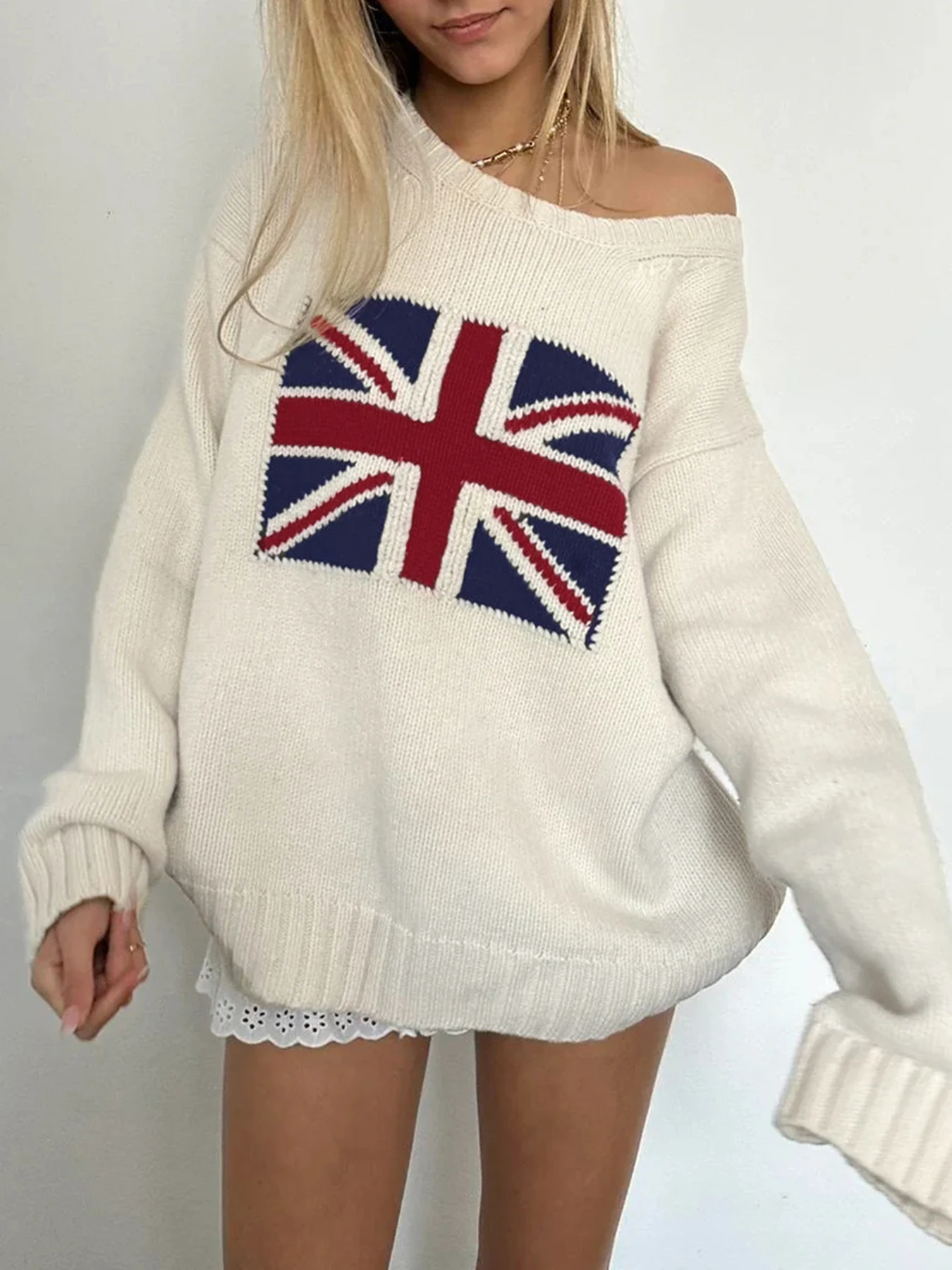 Cuteandpsycho Graphic Patchwork Knitted Sweaters Y2K Crewneck Fashion Loose Crochet Tops Autumn Vintage Casual Cute Pullovers