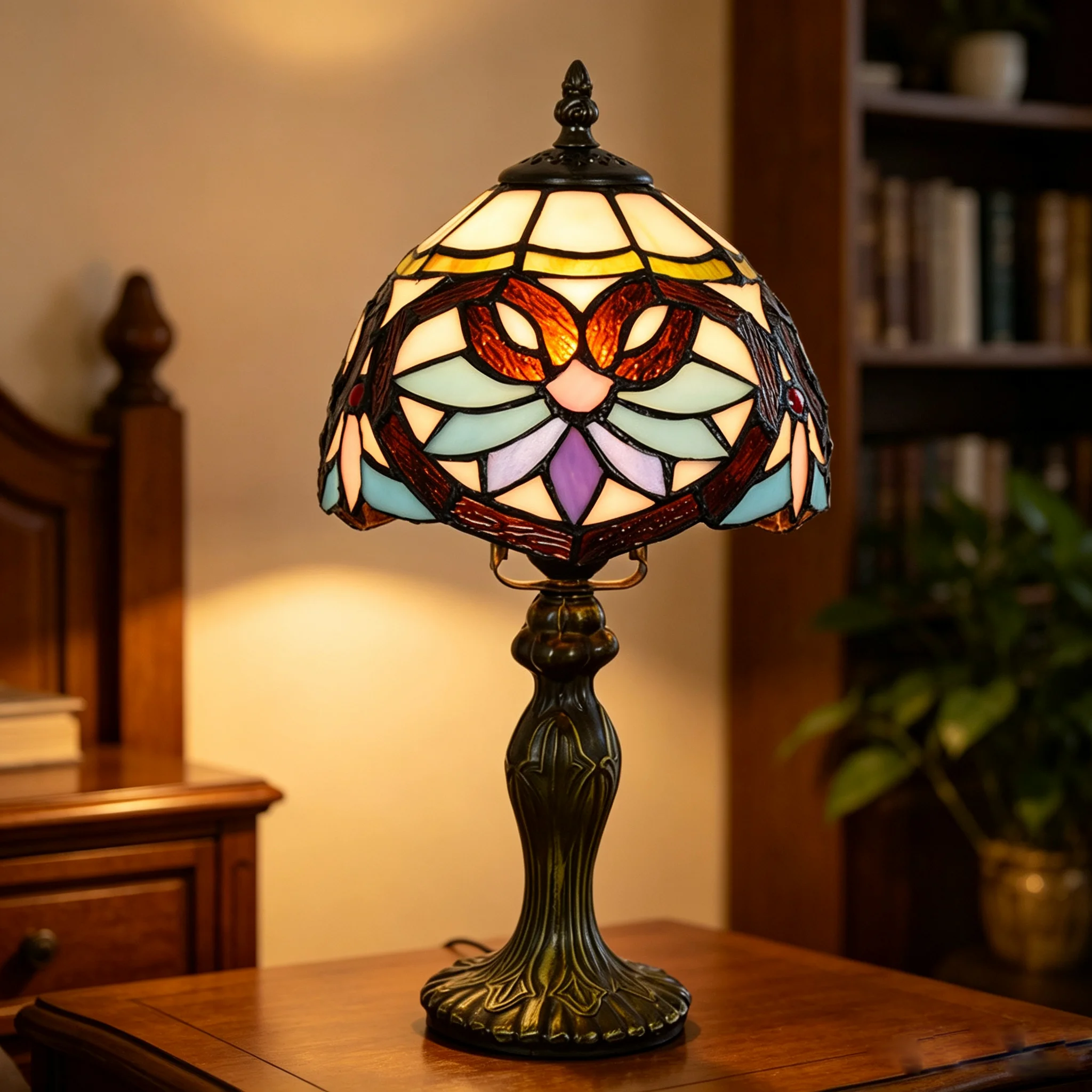 Tiffany Table Lamp, Stained Glass Lamp, Simple European Style, 8 Inch Small Night Light, for Bedroom Living Room Office