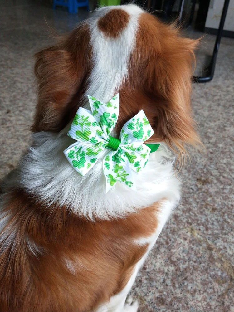 60pcs St. Patrick' S Day Dog Clover Bow Ties for Puppy Medium Collar Pet Grooming Adjustable Pet Bowties Neck Ties