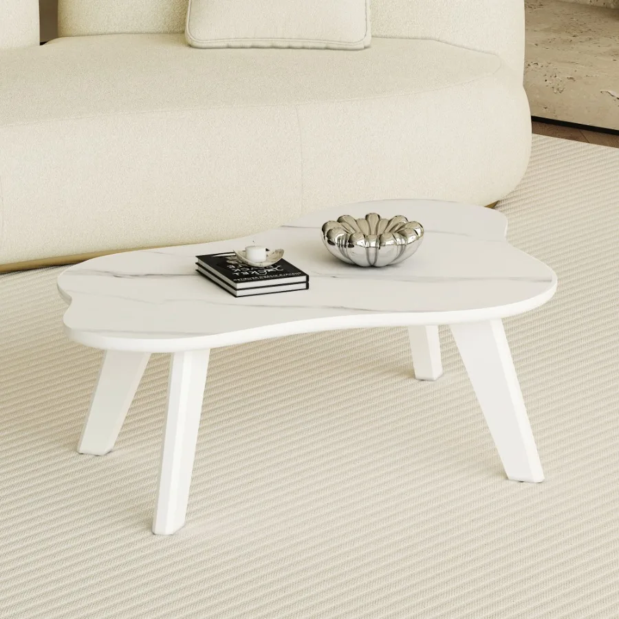

Modern minimalist white imitation marble tabletop coffee table. Solid wood spray painted desk legs cloud shape to give you a ne