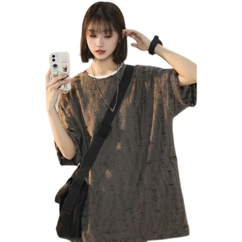 American Retro Hole Short Sleeved T-shirt Women Summer Design Sense Washed To Make Old Trendy Couple Half Sleeved Tops T Shirt