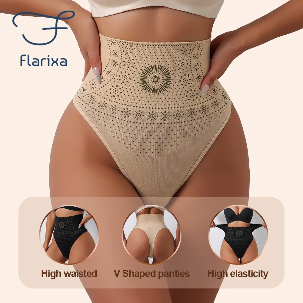 Flarixa Women Seamless High Rise Thongs Panties Printed Tummy Contol Panty Double Layer Shaping Underwear