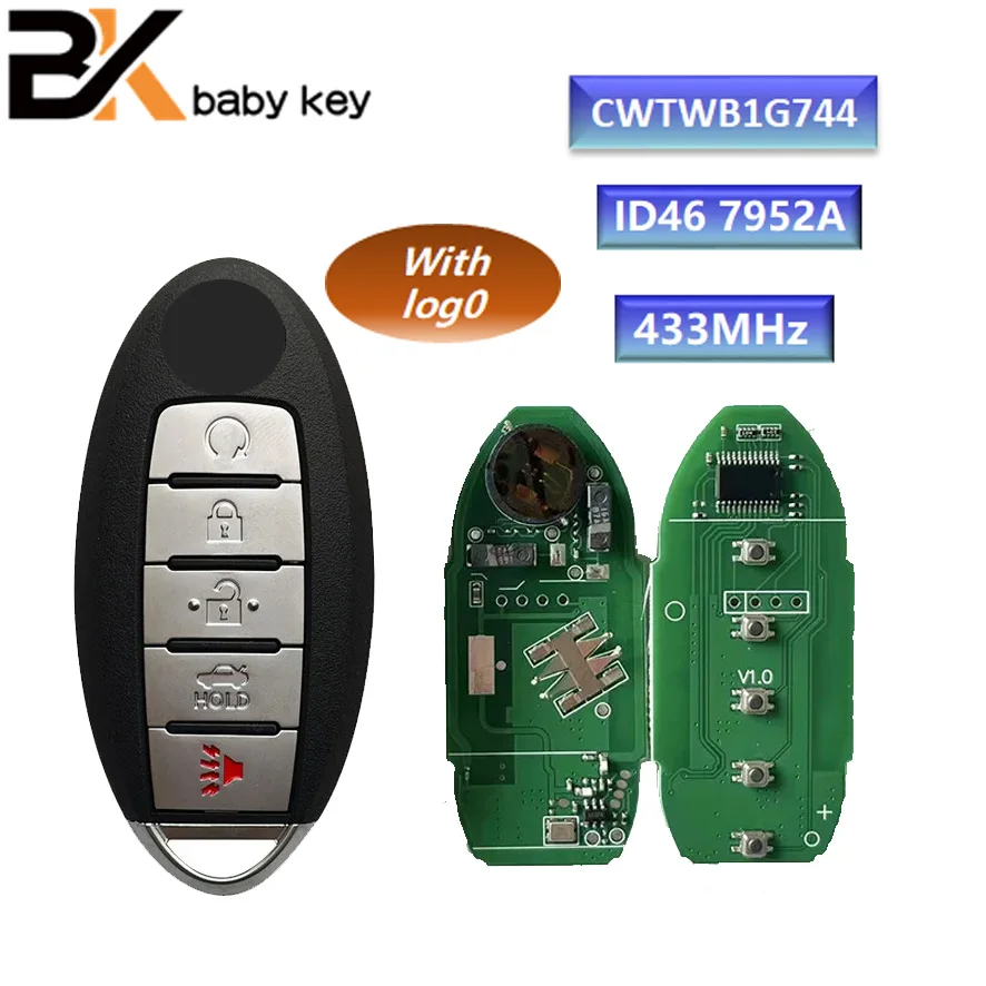 

BBkey CWTWB1G744 Keyless for Nissan Patrol Armada 5 Buttons 433.92Mhz FSK ID46 PCF7952A Chip Smart Remote Car Key Fob