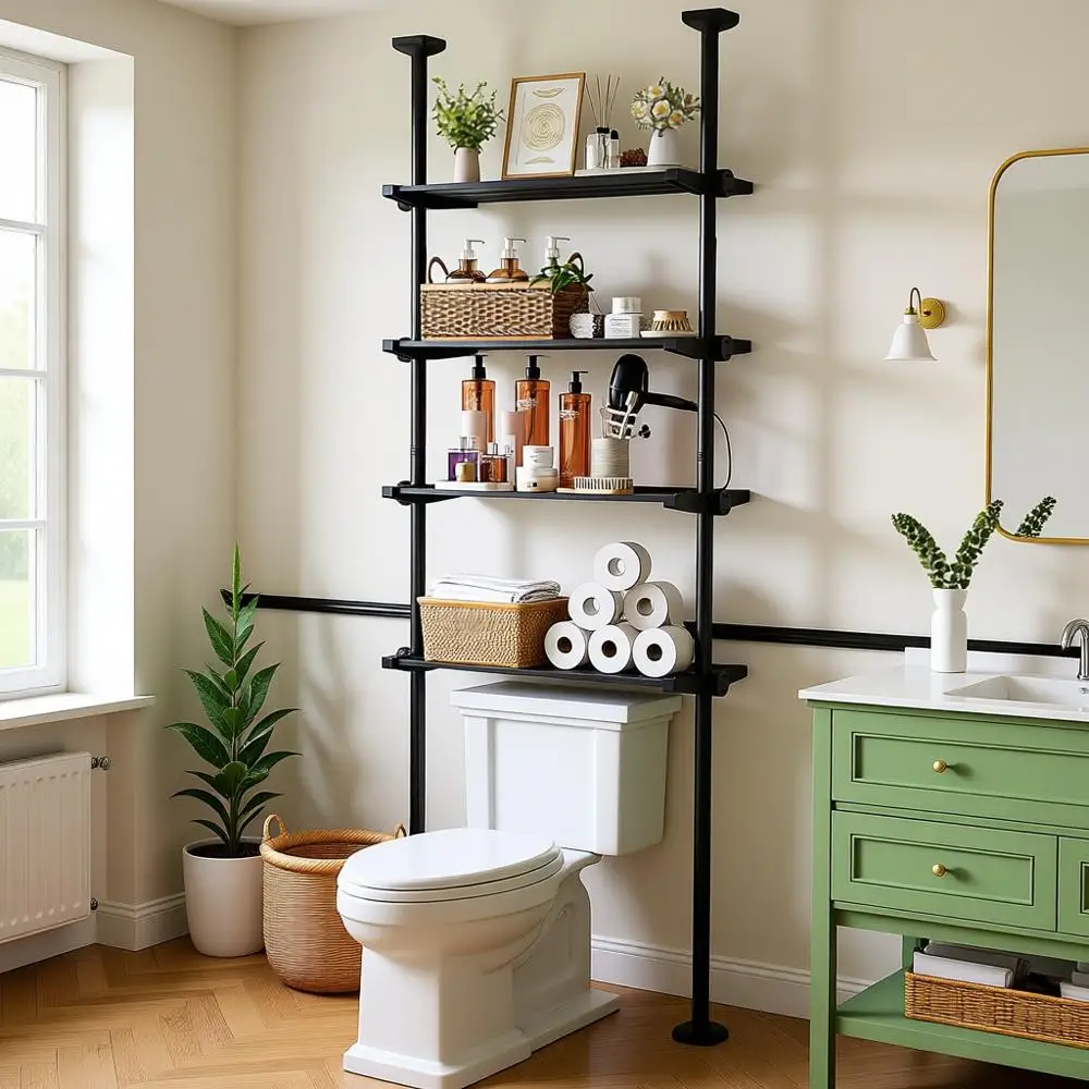 

Компактная 4-ярусная регулируемая полка для хранения над унитазом, с креплением на пружинах, черная