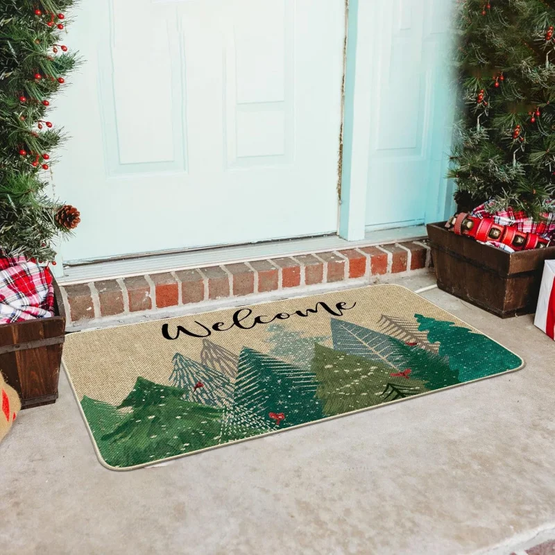 Christmas doormat pine tree snow forest entrance indoor and outdoor decoration suitable for home courtyard floor mat 61X90cm