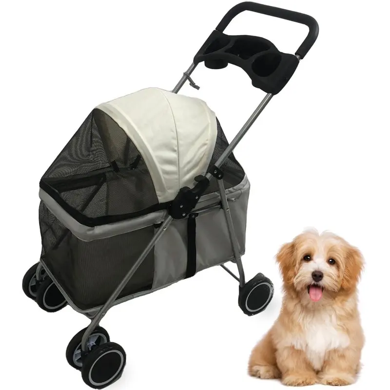 Beautiful Gray 4-Wheel Pet Stroller for Small Dogs, Cats, Rabbits with Scratch Resistant Breathable Mesh Windows, Safety Leash