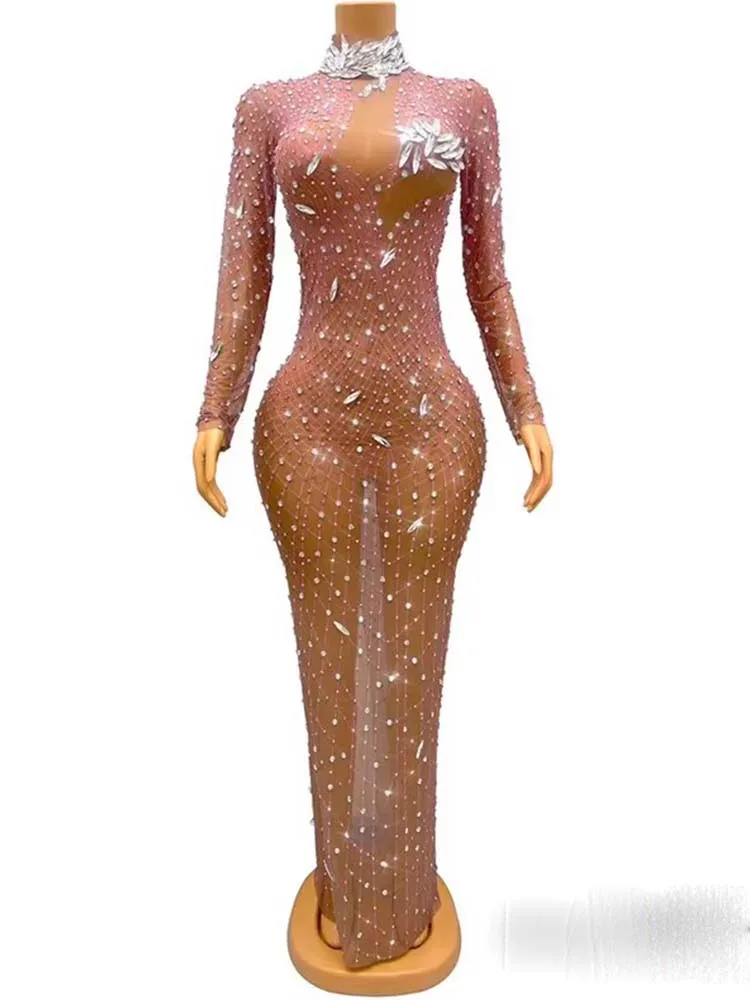 고품질 핫 스탬핑 섹시한 메쉬 탄성 드레스를 통해 볼 2025 새로운 패션 맞춤 여성 의류