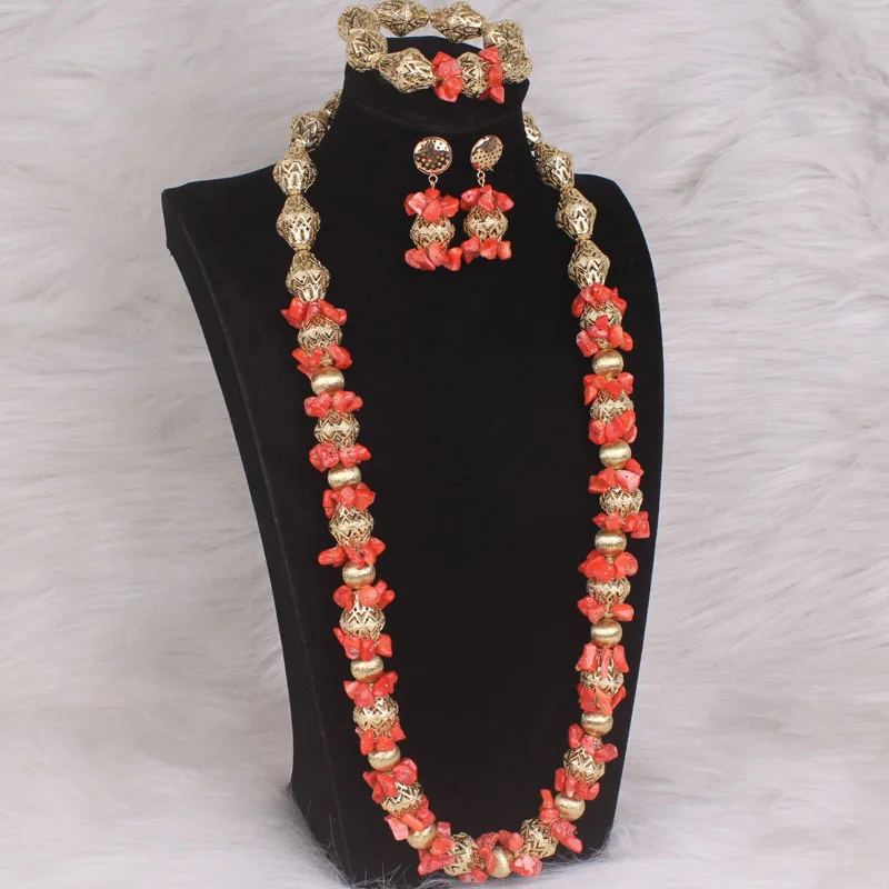 

4ujewelry African Jewelry Sets Dubai Gold Plated Lolor With Beaded Real Coral Nigerian Women Necklace and Earrings Bracelet