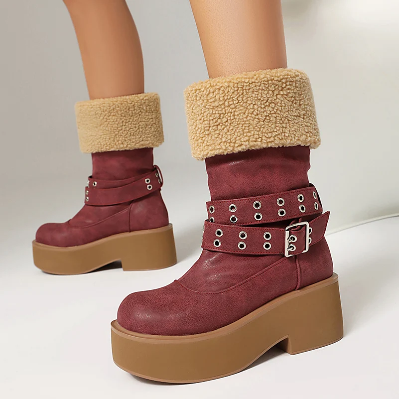 Flip Up Lamb Wool Splicing PU Ankle Winding Belt Buckle Slip On Warm Snow Boots Thick Sole Height Increasing Mid Leg Boots