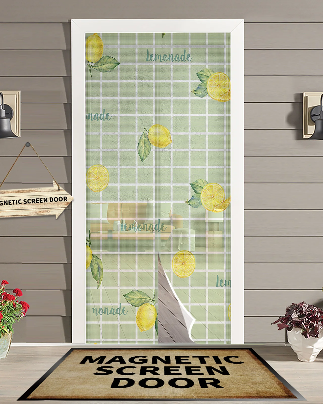 Checkered Letters Lemon Leaves Summer Magnetic Screen Door Curtain Anti Mosquito Net Insect Fly Bug Kitchen Curtains