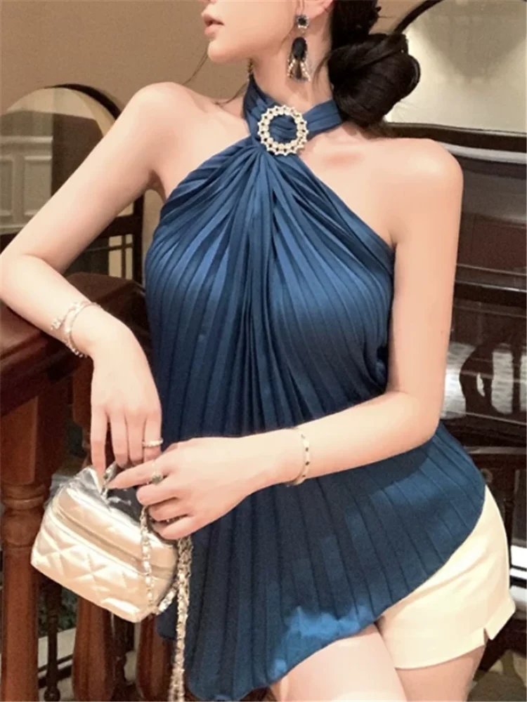 Elegant Women Beads Halter Straps Backless Shirt Top New Summer Sleeveless Royal Blue Pleated Vest Off Shoulder Slim Short Tanks