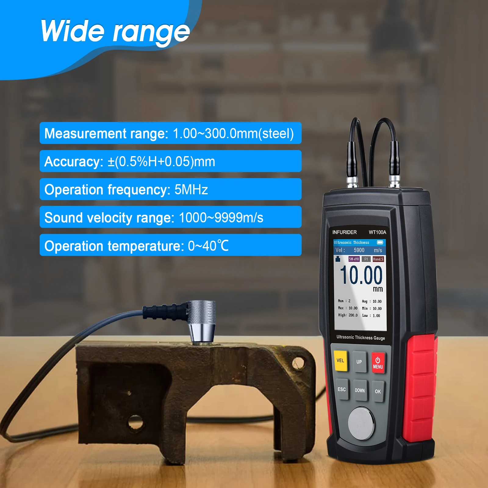 WT100A Ultrasonic Thickness Gauge - Digital High Precision Tester 0.04-11.8IN Tool for Metal Plastic Glass Measurement