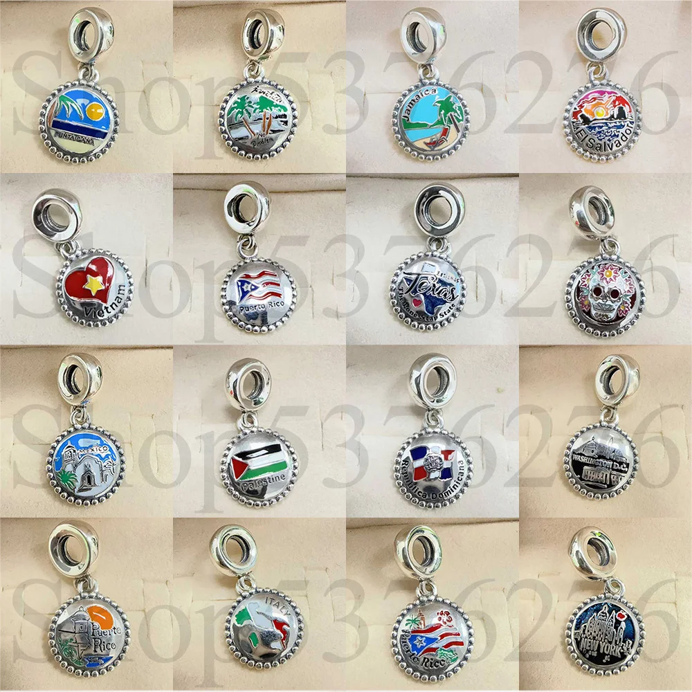 

925 Sterling Silver Bead Puerto Rico Punta Cana Jamaica Dominica Dangle Charm For Fashion Women Bracelet Bangle Gift DIY Jewelry