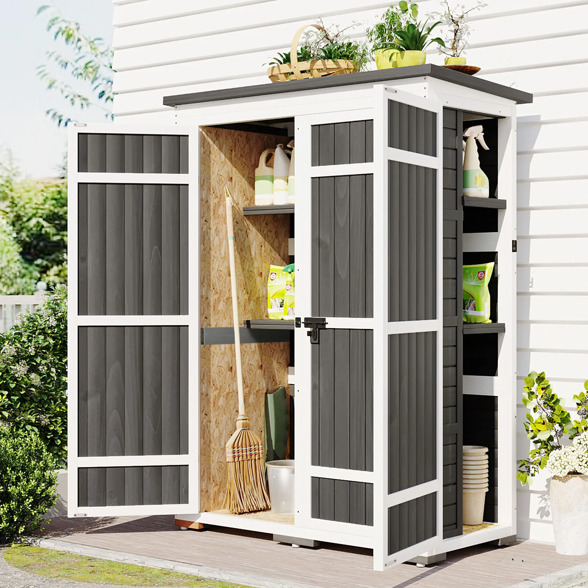 

Outdoor 5.5ft Hx4.1ft L Wood Storage Shed, Garden Tool Cabinet with Waterproof Asphalt Roof, Four Lockable Doors,