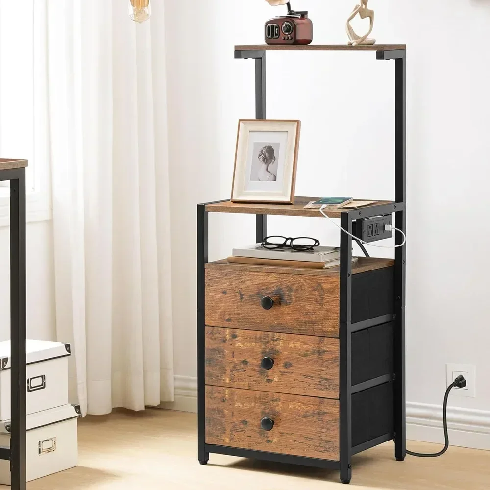 

Tall Nightstand with 4 Drawers, Bedside Table with Charging Station and Protective Ledge,Rustic Brown End Table High quality