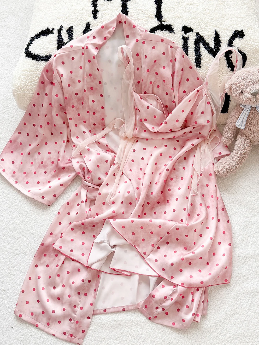 Pure Desire Pink Polka Dot Silk Sleepwear Women's Style Summer Two-Piece Set Home Comfortable Atmosphere Sensation Nightgown