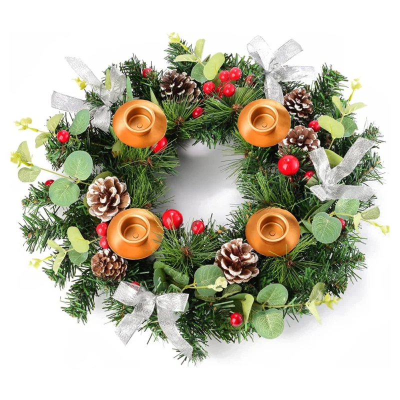 Wreath Candle Holder Christmas Season Decoration Boho Pine Candle Ring with Berries Bows Pinecone Table Centerpiece