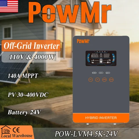 Inversor Solar POWMr 24V 4000W, 24VDC para 110VAC 140A MPPT, Onda Senoidal Pura, Off-Grid, com Display LCD e Comunicação BMS de Lítio Integrada para Casa e RV