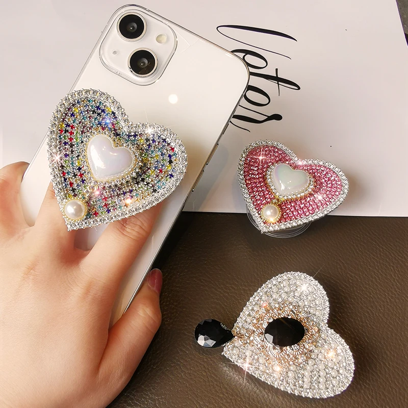 

Mobile Phone Stand Creative Rhinestone Three-dimensional Full Diamond Love Pearl Retractable Finger Buckle Ring Paste Type