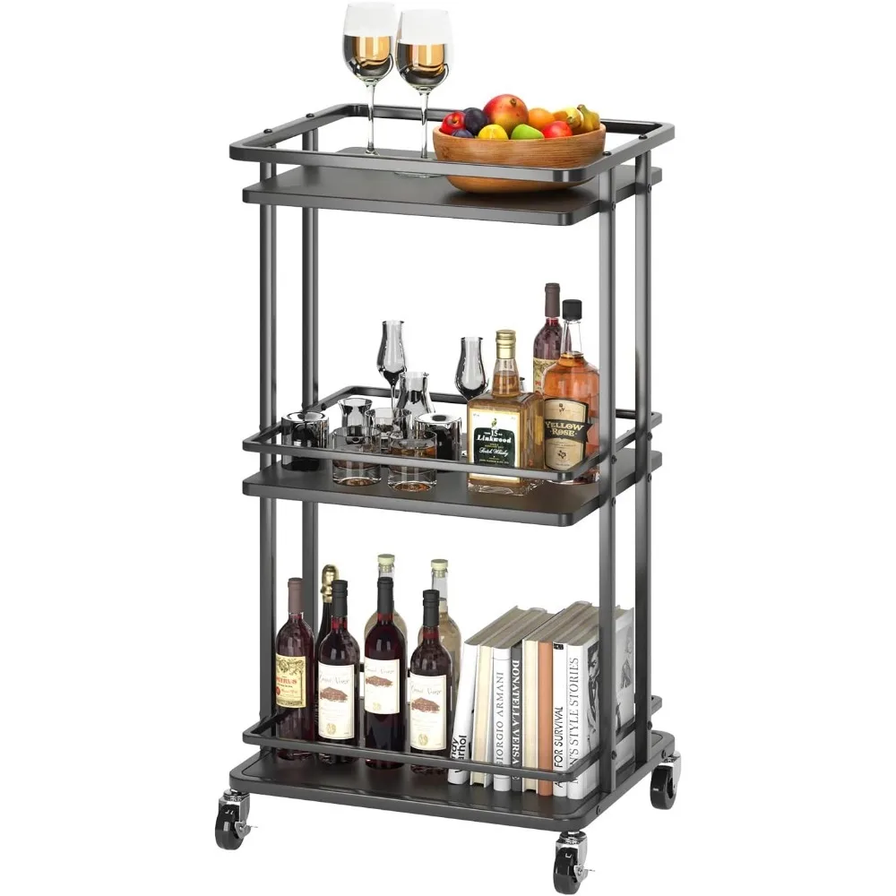 

3-tier rolling service bar trolley, kitchen island storage trolley with wheels, multi-purpose utility cart storage rack