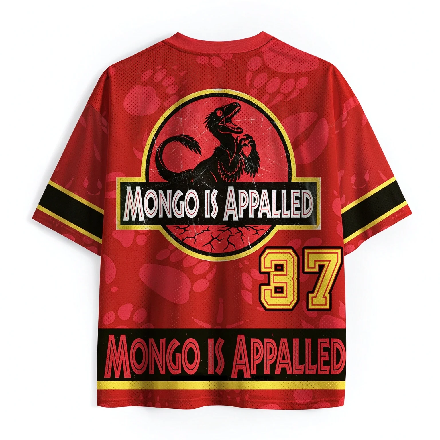 Mongo Is Appalled Dinosaur Mesh Jersey Tshirt, Red Retro Dino Claw Mark Print V Neck Short Sleeve Top