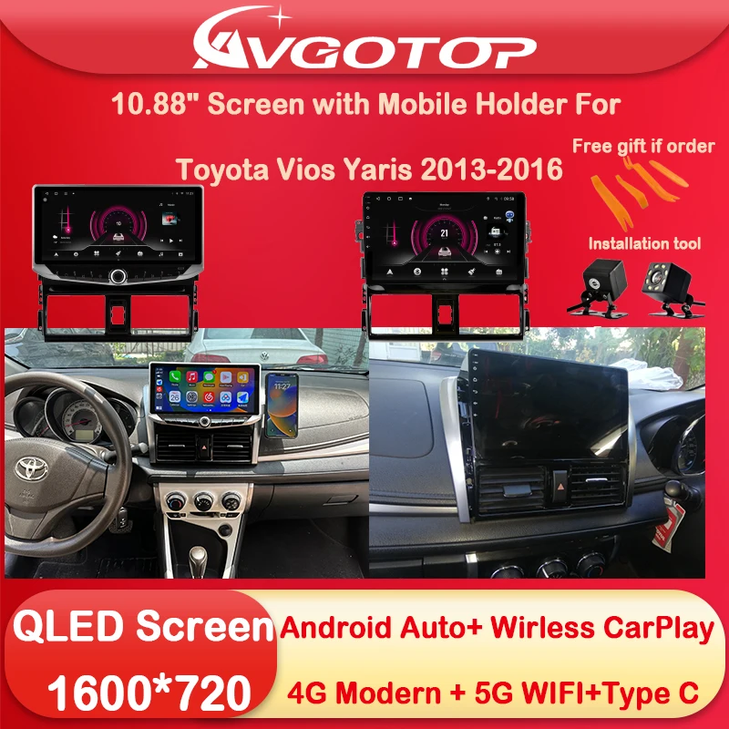 10.88 Android 13 Car Radio Multimedia for Toyota Vios Yaris 2013 2014 2016 Type-C DSP 4G sim card 5G WIFI Carplay Vehicle Monit