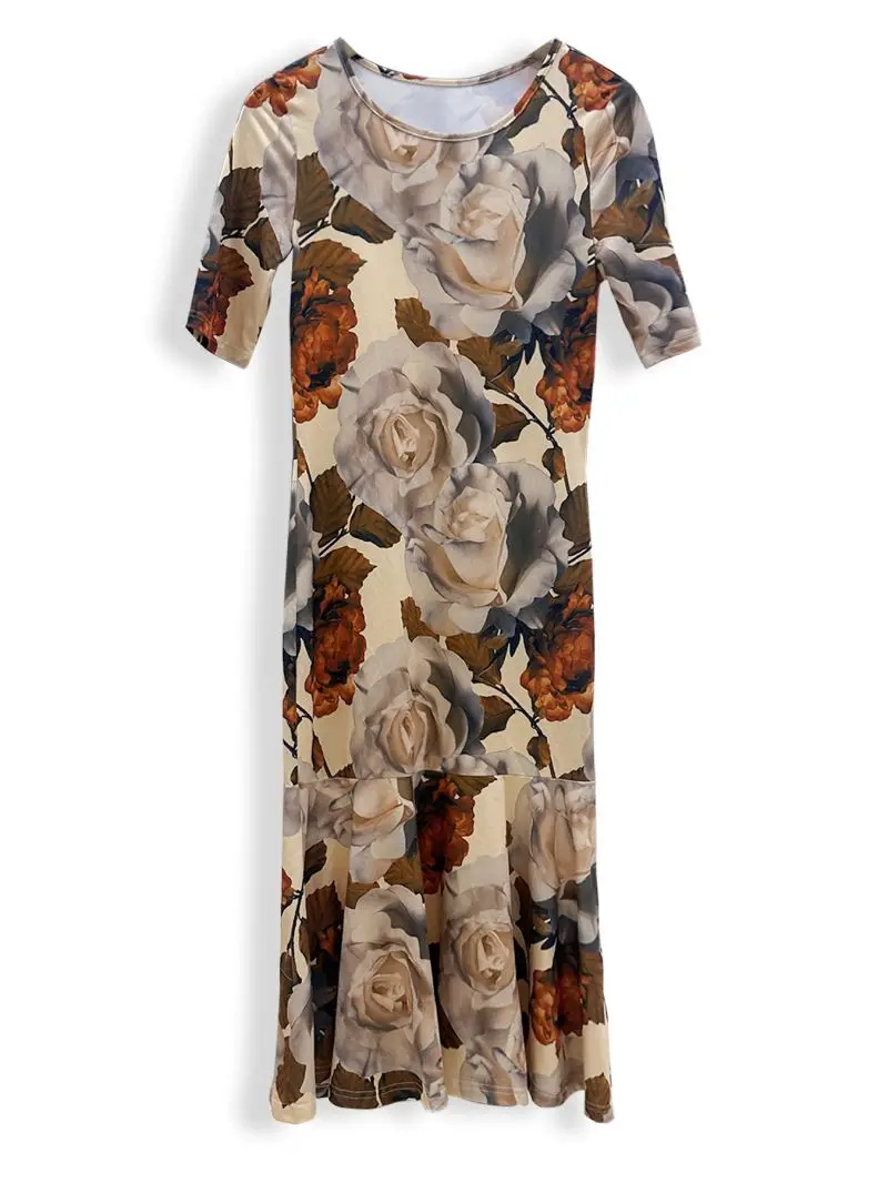 Damen Slim Fit Rundhals-Kleid mit Print, Hüftbetontes Pendlerkleid, Schlankmachendes Elegantes Modekleid für Damen – Detail 3