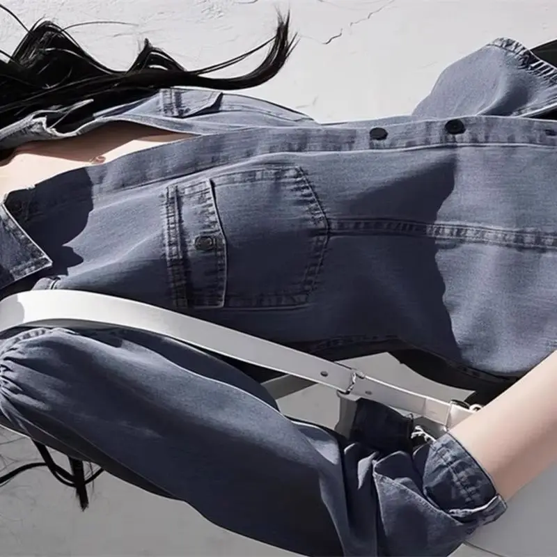 

Autumn New High-end chic Denim Polo Collar Waist Shirt Woman Korean Fashion Denim Shirt Tops Casual Female Fashion Blouse