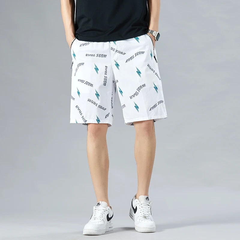 Summer Thin Fashion Letter Casual Shorts Printed Loose Straight Men's Clothing Zipper Pockets Spliced Basic Korean Knee Pants
