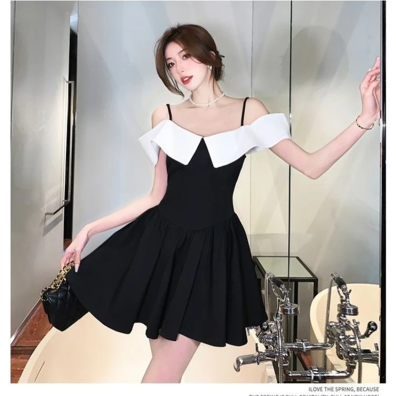Summer New Temperament Off Shoulder Contrast Mini Dress Youth Slim Patchwork High Street Midi Dress Fashion Sexy Women Clothing