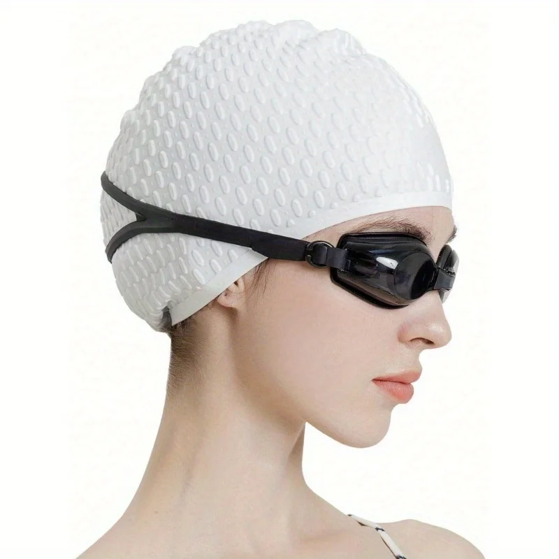 1 Stück Modische Badekappe für langes lockiges Haar, wasserdichtes Silikon mit Tropfenmuster, Unisex für Pool und Strand – Detail 6