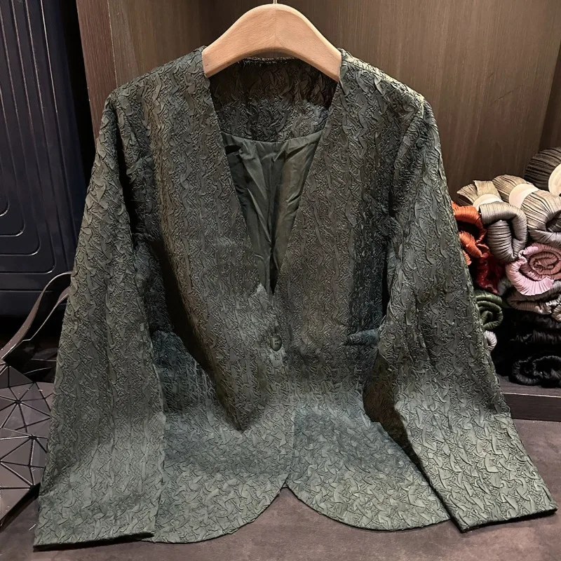 

Miyake блейзер с v-образным вырезом, женская осенняя новая плиссированная свободная блузка, темпераментная повседневная универсальная офисная женская одежда, пальто