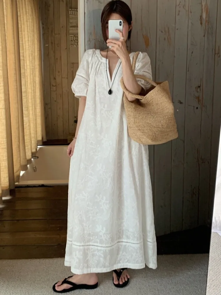 Vestido Largo con Bordado Floral Estilo Coreano, Vestido de Verano para Mujer, Nuevo Estilo de Moda, Vestido con Mangas Abull...