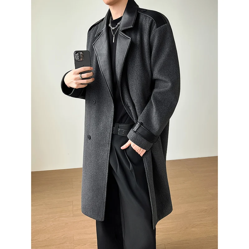 

Men's Long Thiened Woolen Coat Autumn Winter Faion Trendy Windbreaker Jaet with Leather Patchwork High-End Feeling