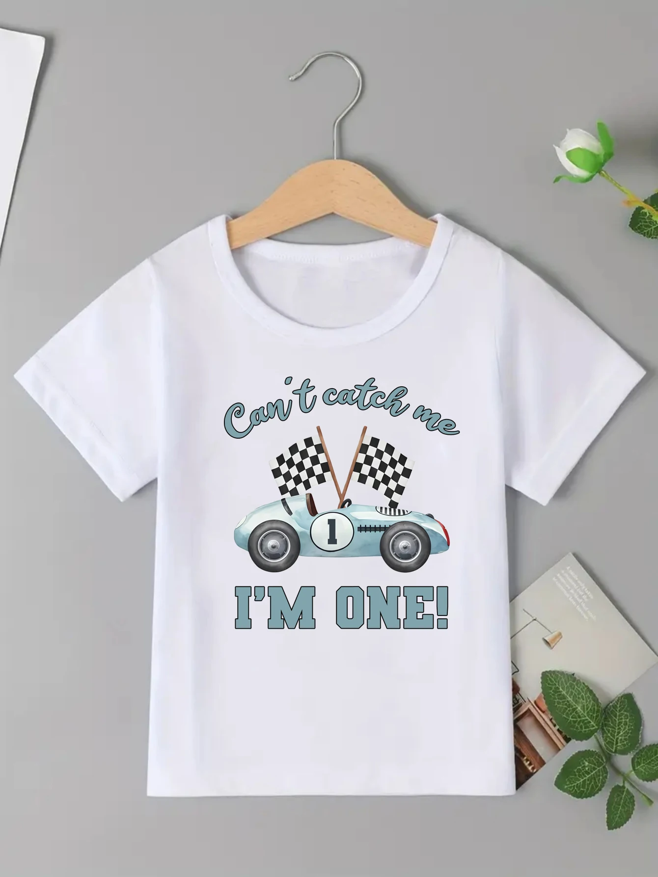 Can'T Catch Me I Am One Racing Flags Printed T Shirt Boys 1st Birthday Gift T-Shirt Summer Short Sleeve Shirt Toddler Shirt