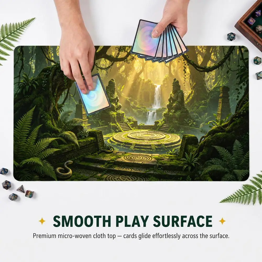 Ancient Jungle Temple Ruins Altar Waterfall TCG Play mat With Game Zones Large Anti‑Slip Desk mat For Card Game Mouse pad