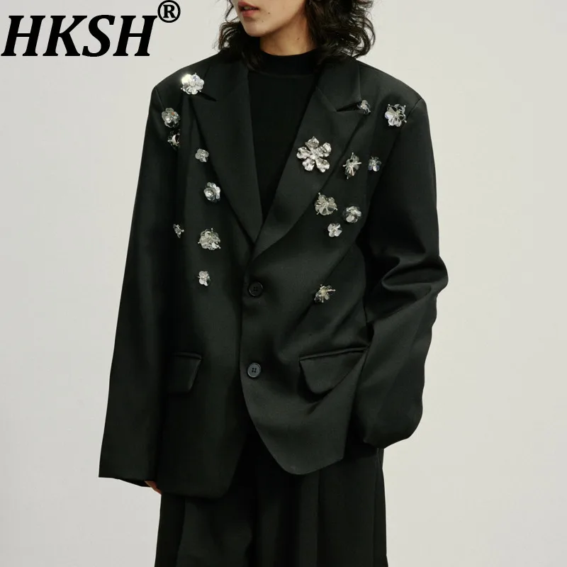 

HKSH весенне-осенний новый женский пиджак с трехмерным цветком, расшитый бисером и блестками, однобортный элегантный модный шикарный пиджак HK13824