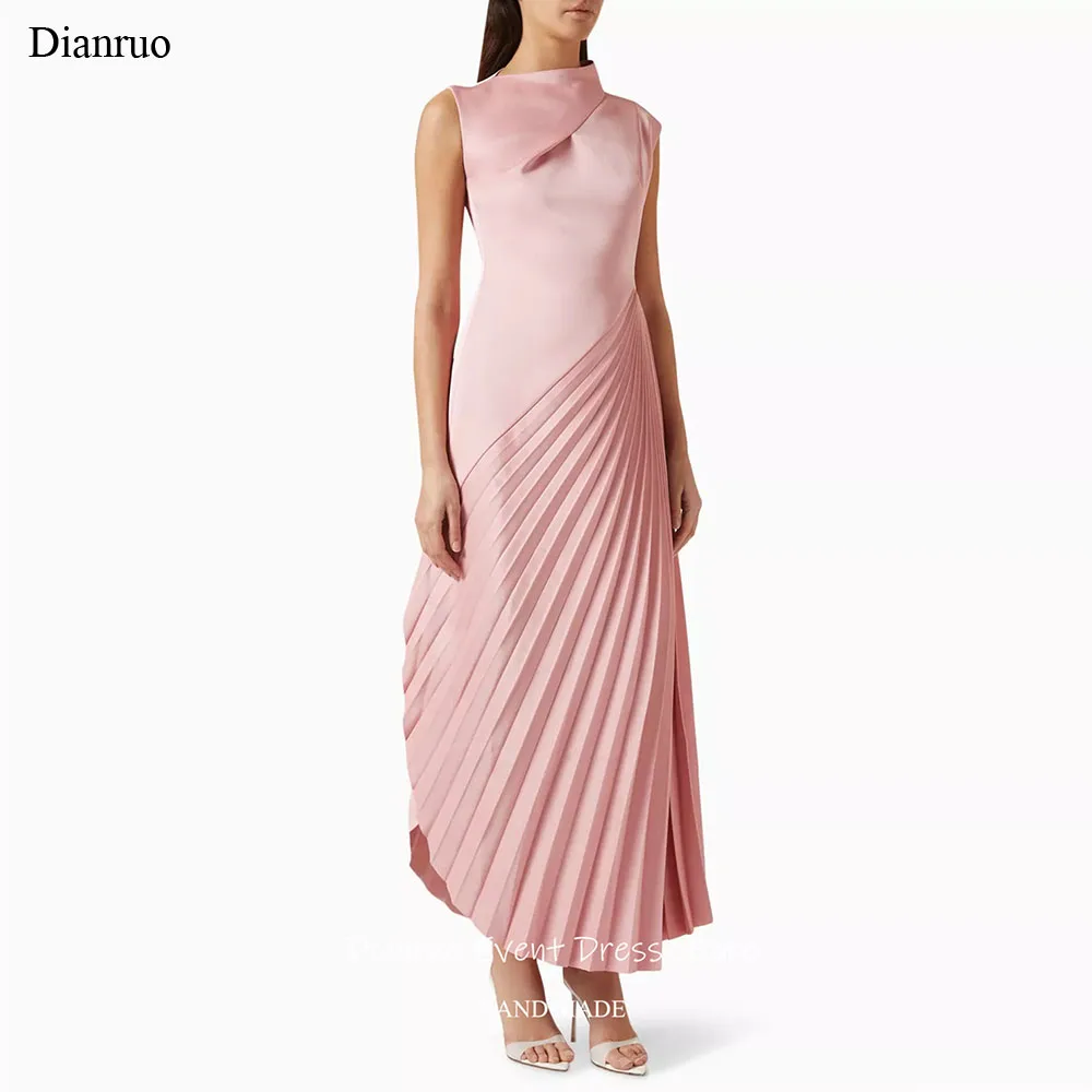 

Dianruo Asymmetric High Neck Evening Dresses Pink Pleated Hem Prom Gown Satin Ankle Length Elegant Abendkleider Dubai Customized