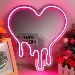 Melting Heart Mirror Neon Sign USB Dimmable LED Neon Lights for Home Bedroom Bacelorette Party Decor Birthday Chirstmas Gift