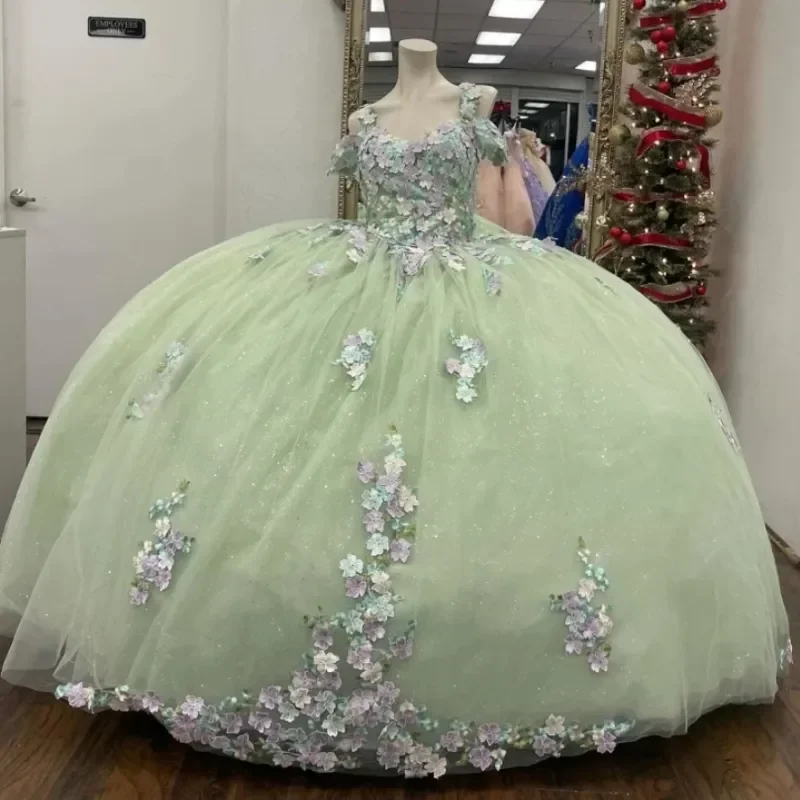 Luxury Sage Green Quinceanera Dresses Floral Gown Applique Spaghetti Strap Ball Lace-Up Tull Birthday Corset Vestido De 15 Anos