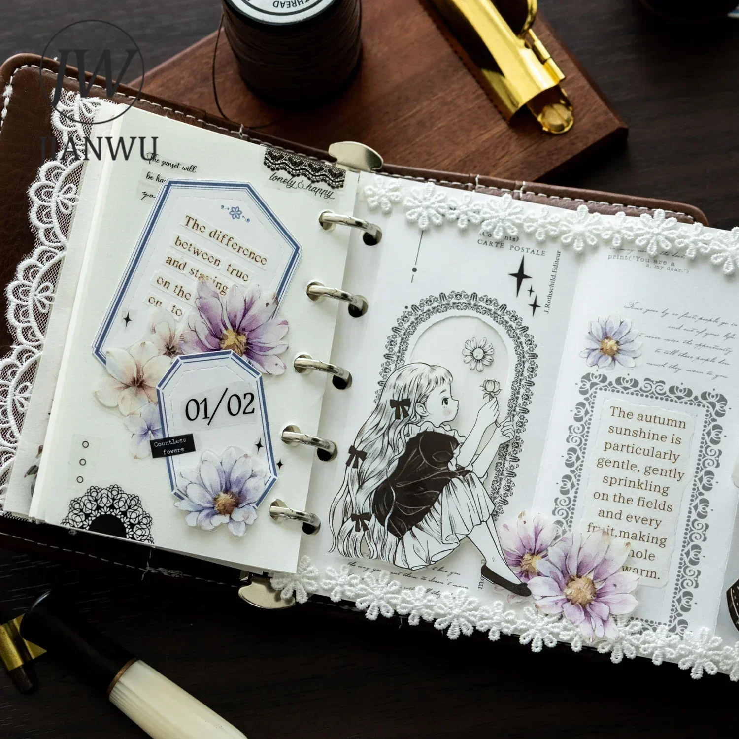 JIANWU Organ Flower Paper Series Vintage Border Foldable Material Collage Memo Pads Creative DIY Journal Stationery