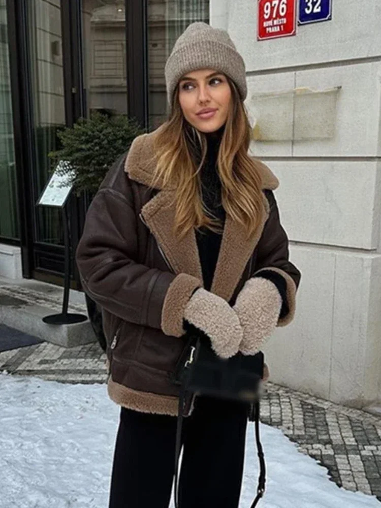 Zimowe damskie ciepłe płaszcze gruba kurtka ze sztucznej skóry Vintage Lapel z długim rękawem płaszcz z zamkiem błyskawicznym moda luźne płaszcze typu oversize kobiece