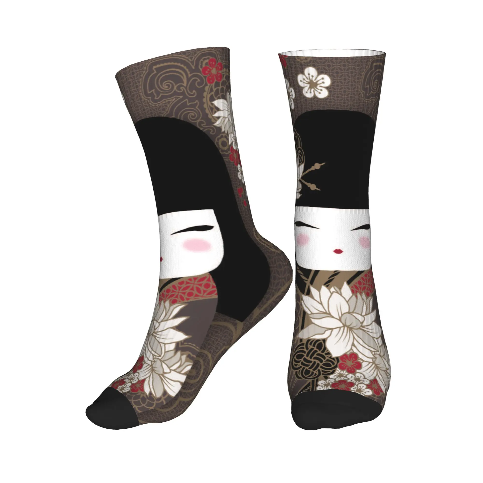 

Cool Mens Kokeshi Doll Cherry Blossoms Dress Socks Unisex Warm Breathbale 3D Printing Japanese Kimono Geisha Girl Crew Socks