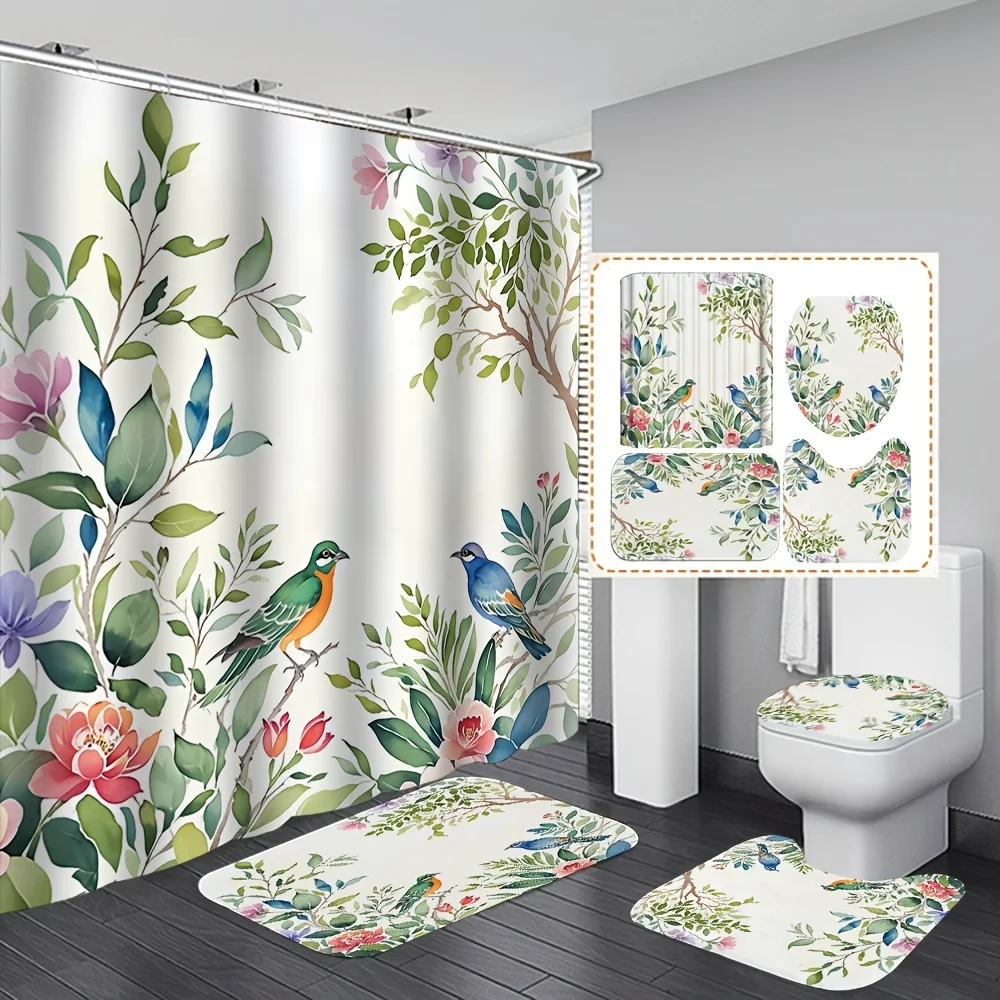 

Набор из 4 предметов: зеленый лист, цветок и птица, принт с крючками, нескользящий ковер, коврик для ванной комнаты, ковер, крышка для унитаза, крышка для ванной комнаты