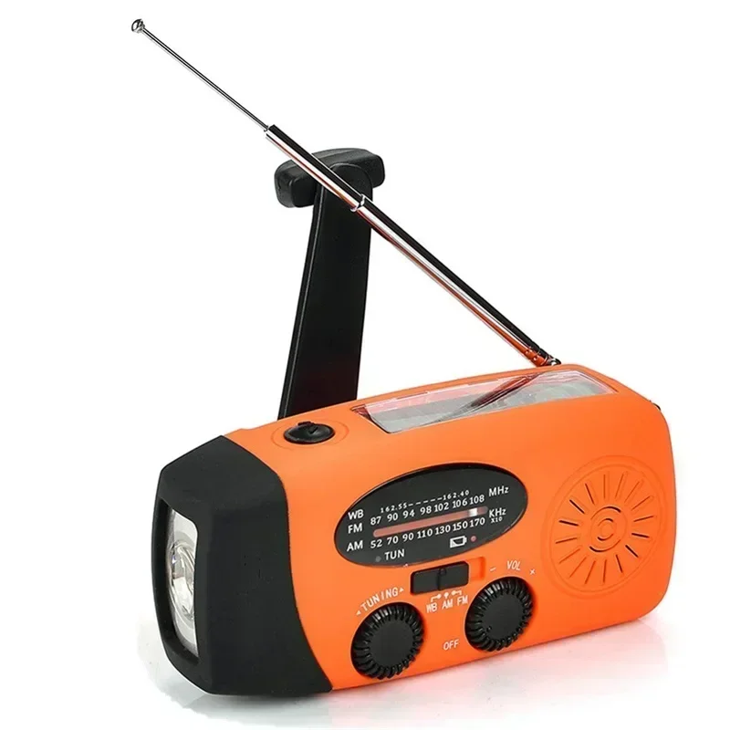 Radio météo solaire multifonctionnelle à manivelle, FM, AM, WB, NOAA, charge USB, lampe de poche LED d'urgence, interdiction d'alimentation, 2000mAh