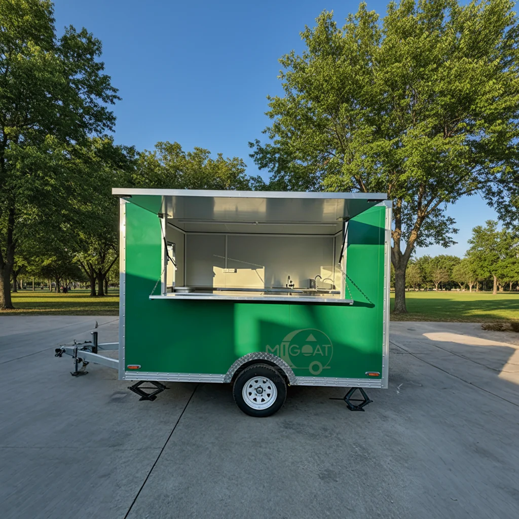 

Green Mobile Customizable Stainless Steel Countertop Food Trailer with Rust Resistant Features for Hotdog Catering and Retail
